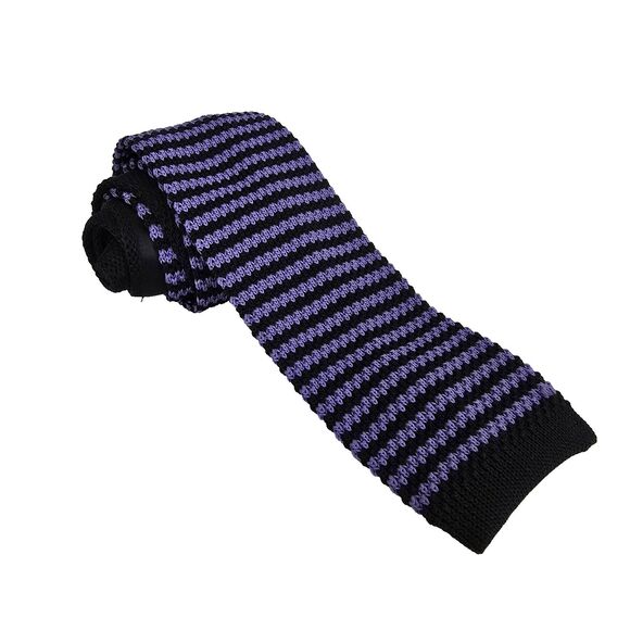 Chaps Knit Skinny Tie Black Purple Striped Mens Handmade Neckwear Square Tip - Picture 1 of 12